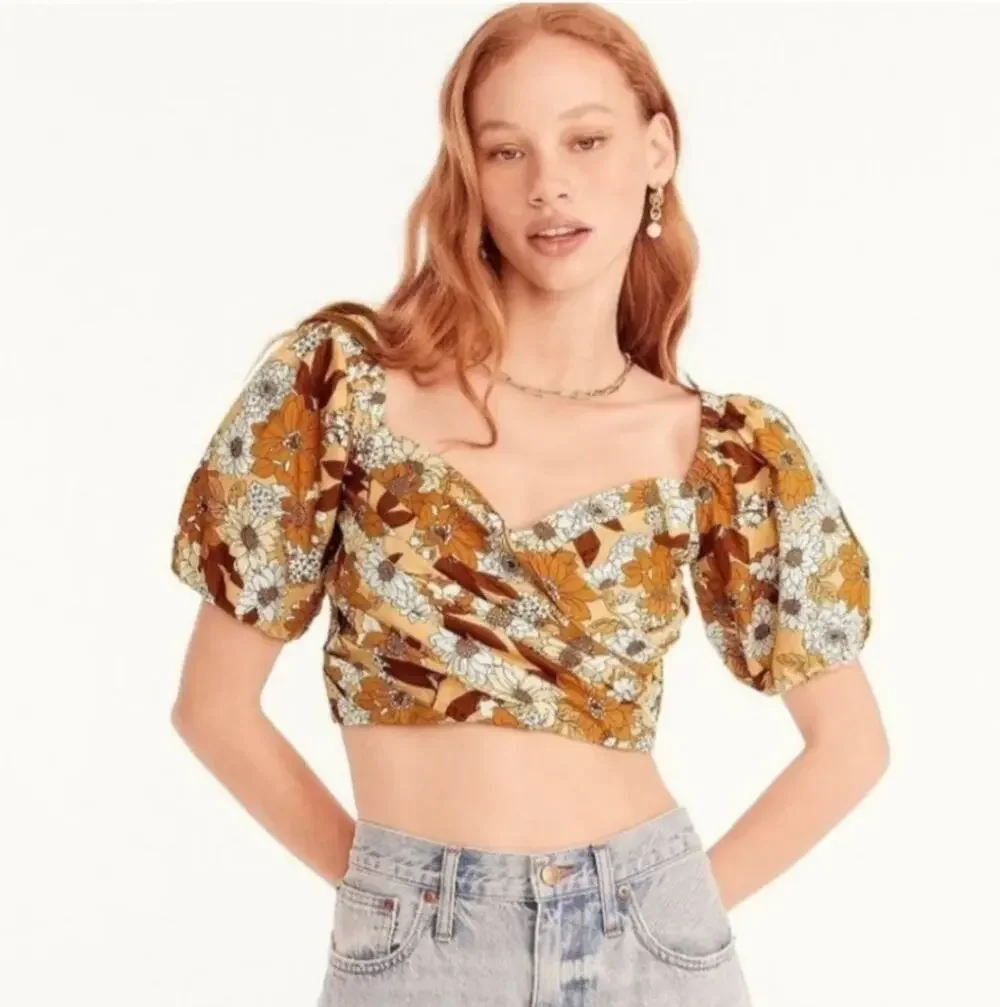 J. Crew Puff Sleeve Organic Cotton Crop Top in Zinnia Floral XS